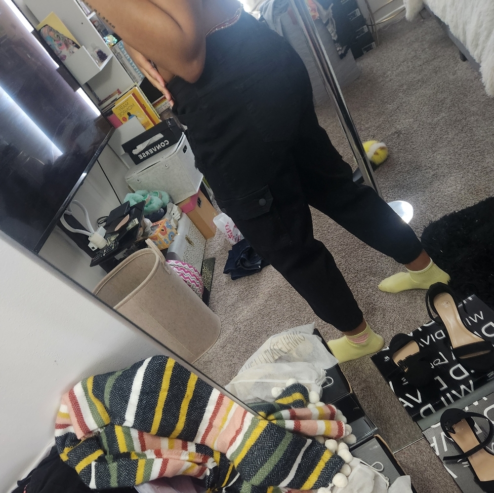Black distressed jean joggers